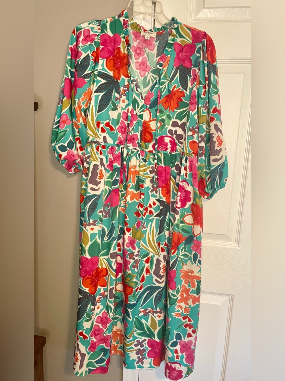Umgee Boho Bright Floral V-Neck Midi Dress in Teal and Pink loose flowy sz med
